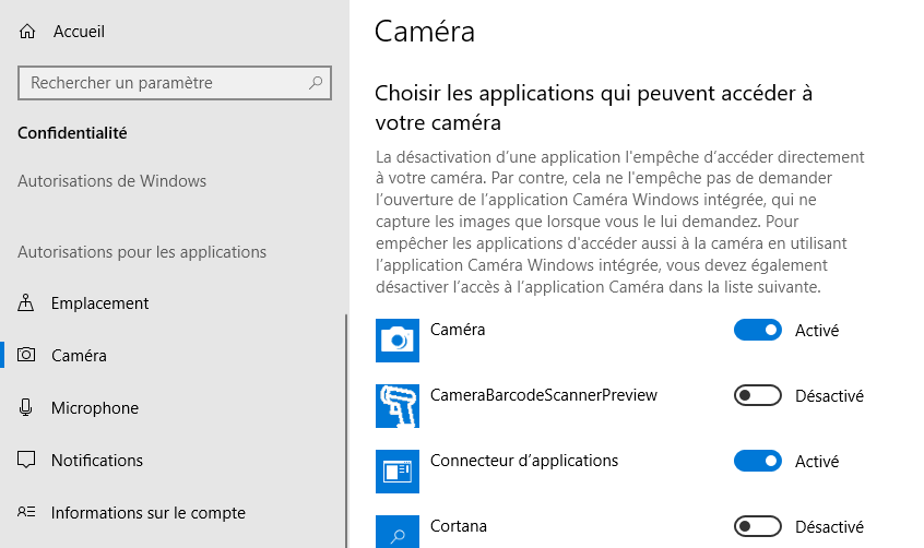 résoudre le problème de Webcam sur Windows 10 après la mise à jour 1803 